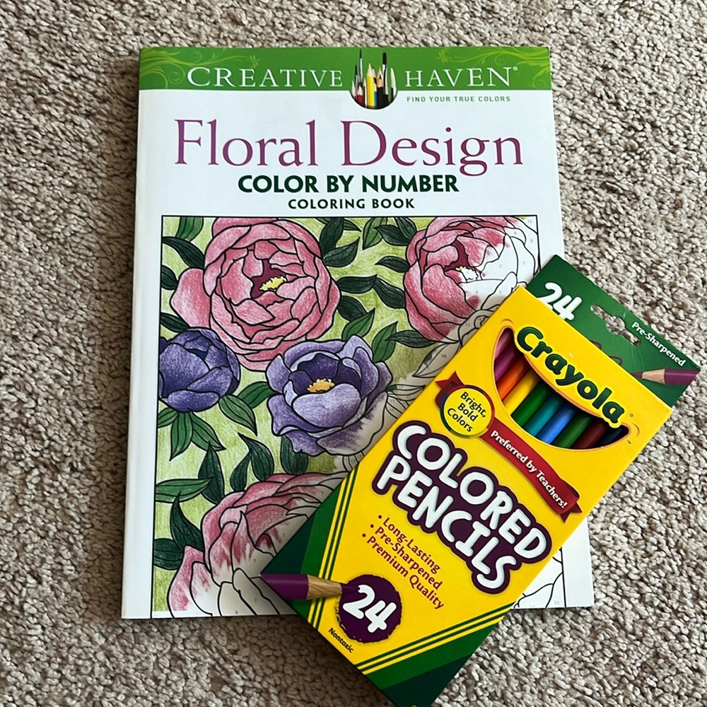 Floral coloring book with Crayola colored pencils